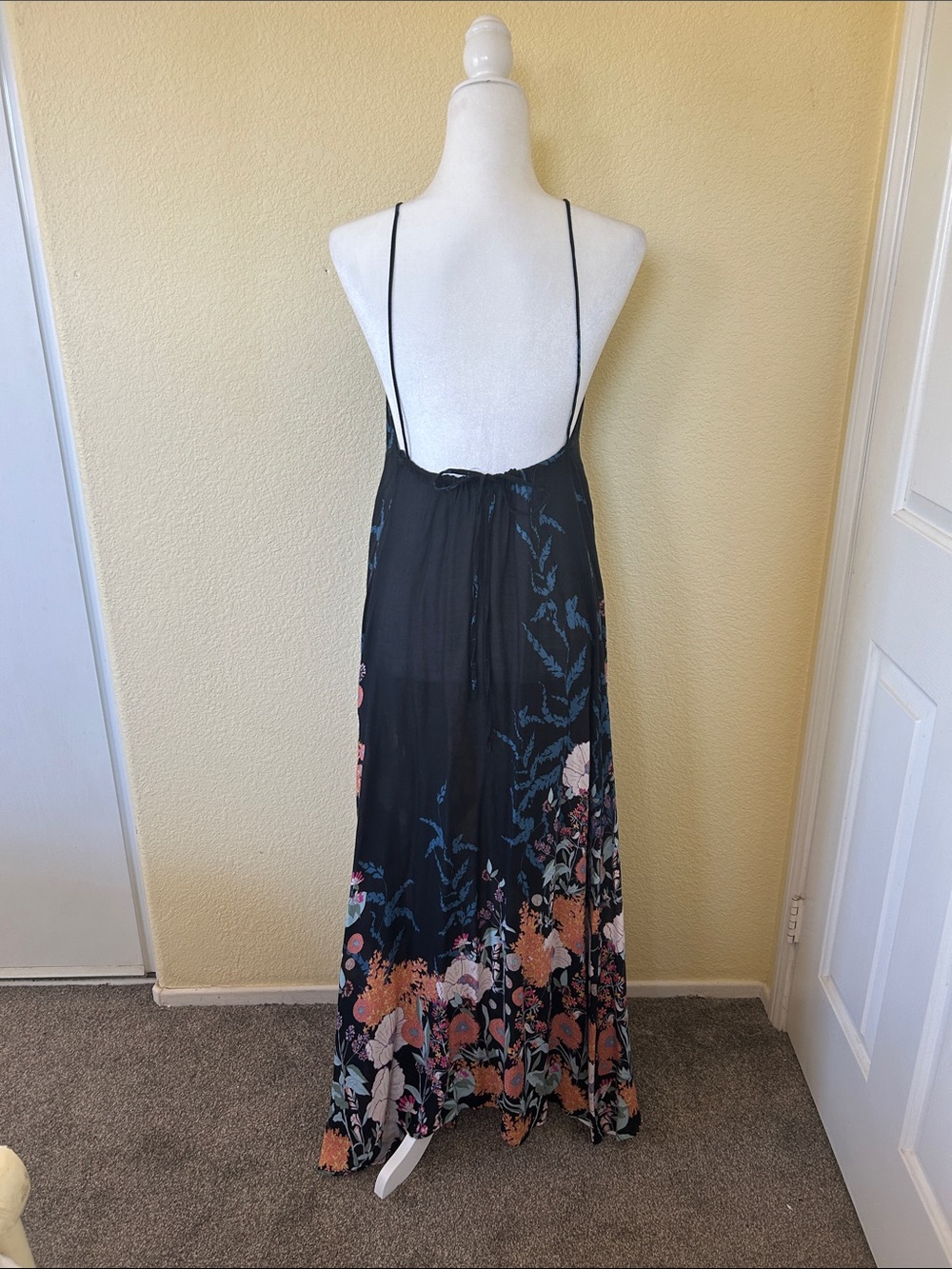 Free People Black Floral Halter Maxi Dress with Blue and Coral Accents - Picture 4 of 4